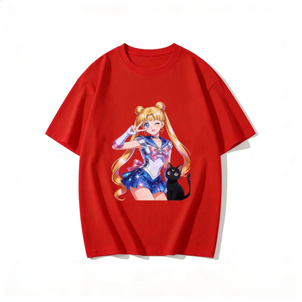 Summer  Hot Sailor Moon Tsukino Usagi  Luna Cat T-shirt Print Casual Tee Parent-child Matching Tops Versatile