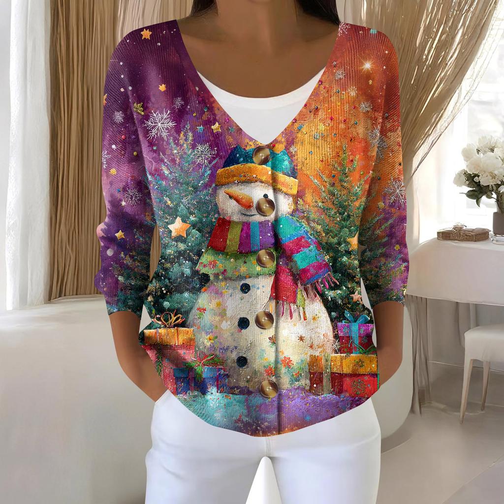 Women's Fashion Long Sleeve Christmas Snowman Snowflake Print Jacket Cardigan