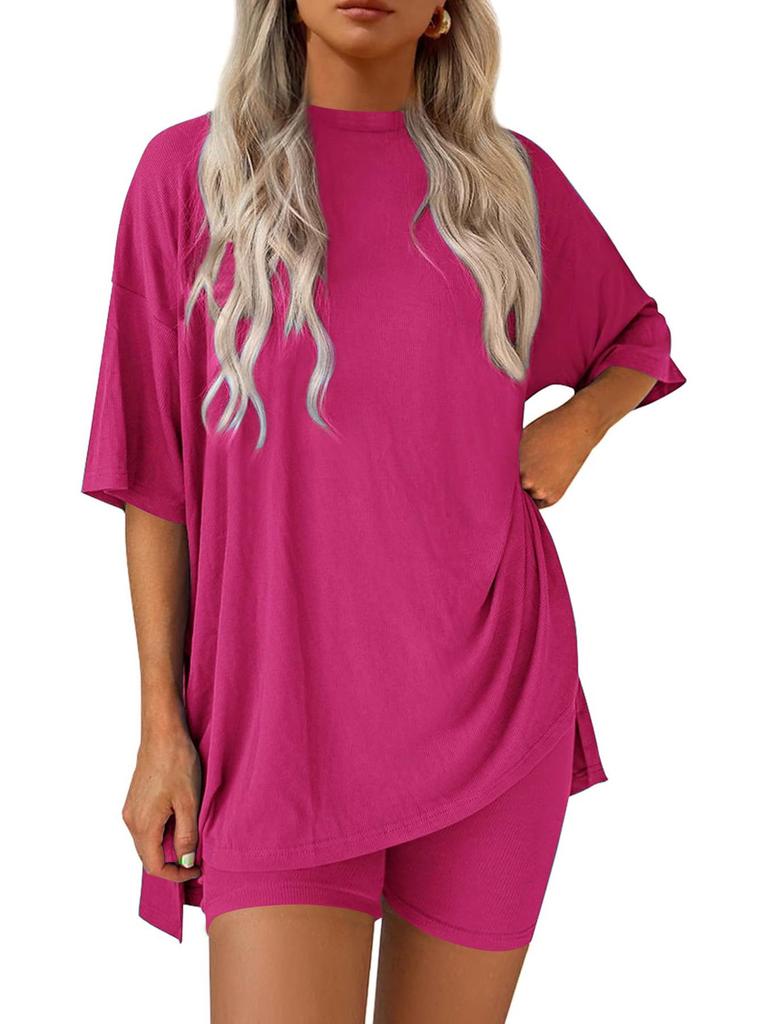 2026 Euro-American Casual Solid Color Loose-Fit Short-Sleeved Top & Shorts Two-Piece Sports Set