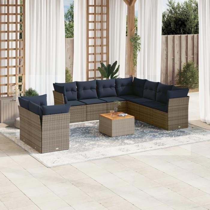 VidaXL Salon de Jardin avec Coussins 10 pcs, Canapés de Patio, Ensemble de Meubles, Mobilier de Terrasse Exterieur, Gris 3256047