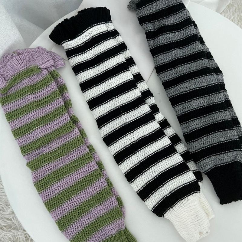 Girls Lolitas Leg Warmers Y2K Stripe Knitted Flared Leg Sleeves Goth Baggy Cuff Ankle Heap Socks JK Uniform Foot Cover