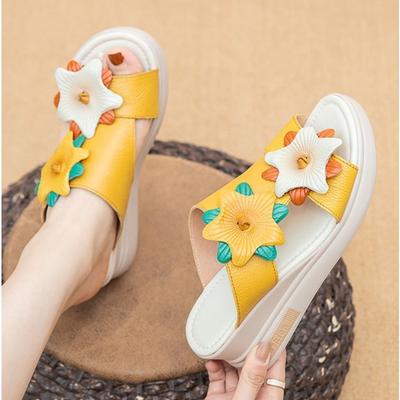 Summer Leather Color Matching Flower Slippers Ethnic Style Leather Retro Thick-soled Luxury Sandals and Slippers Women