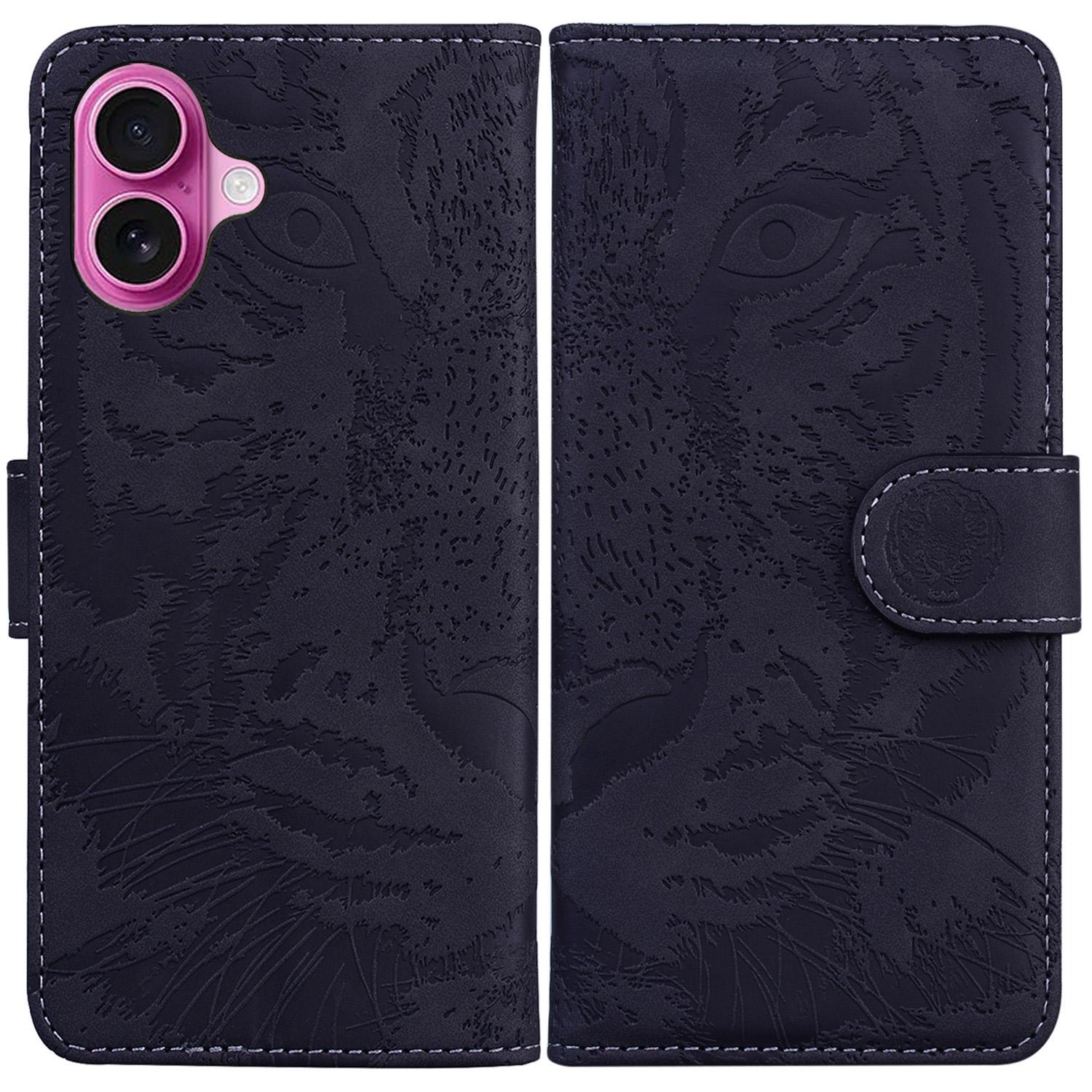 

For iPhone 16 Plus Case Tiger Imprint Leather Shockproof Wallet Phone Cover Black