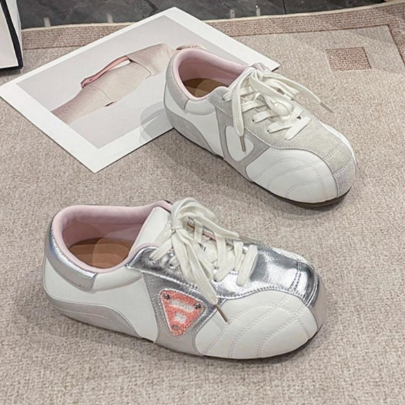 Mode Ballerinas Herbst Neu Runde Zehenpartie Colorblock Schnürung vorne Weiche Sohle Rutschfest Abriebfest Sneaker