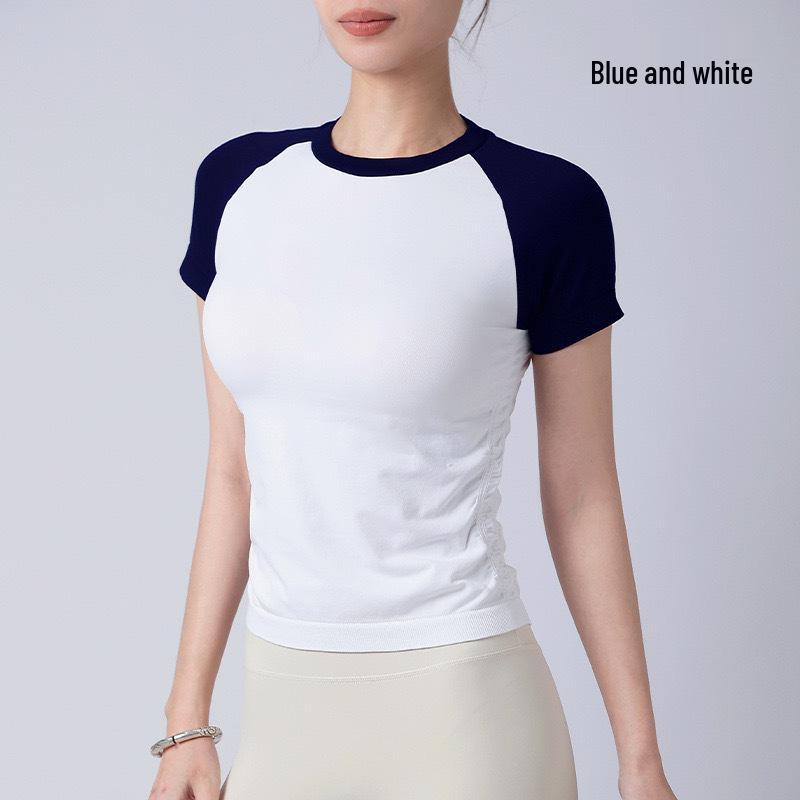 

2025 Топ для фитнеса с коротким рукавом, бесшовный, облегающего кроя, с цветными блоками, быстросохнущий, для йоги S (80-95 lbs)