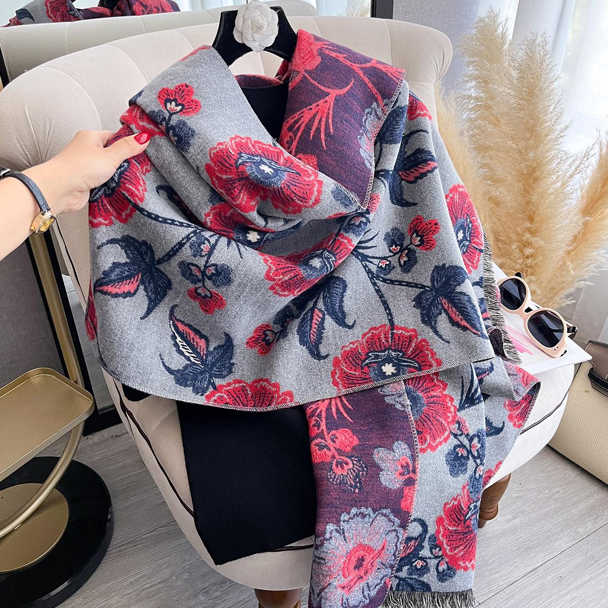 

New Elegance Brand Flowers Scarf for Women Warmer Winter Pashmina Jacquard Scarves Shawls Female Thick Blanket Wraps Foulard