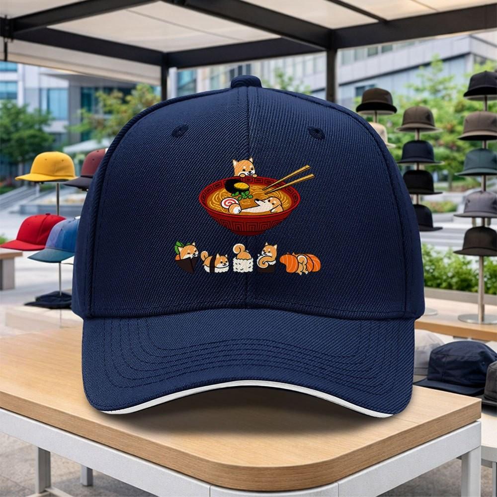 Shiba Inu Ramen Sushi Print Baseball Cap Adjustable Curved Brim Lightweight Casual Hat For Fans Themed Events