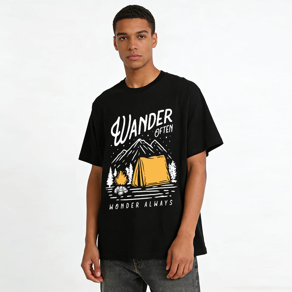 Outdoor Camping Campfire Tent Print Casual T-Shirt Pure Cotton T-shirt