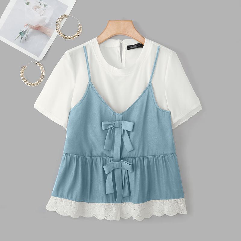ZANZEA Women Summer Casual Round Neck Short Sleeve Patchwork T-Shirts