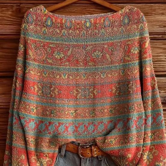 Women Autumn Sweater O-Neck Long Sleeve Vintage Oversized Pullover Sweater Ethnic Graphic Knit Tops Daily Wear