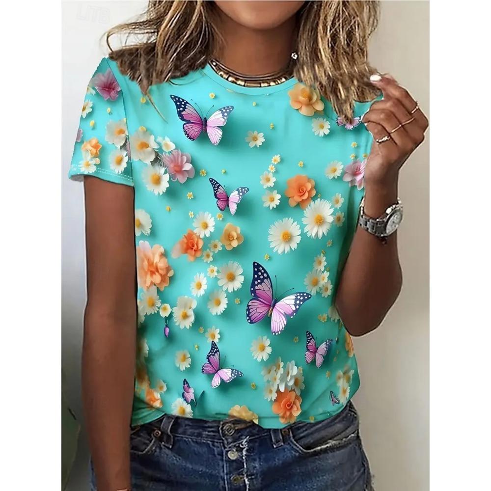 Summer Fashion Women's T-Shirt Beautiful Flowers Stylish 3D Printed Casual Short Sleeved Crew Neck Tees Regular Tops