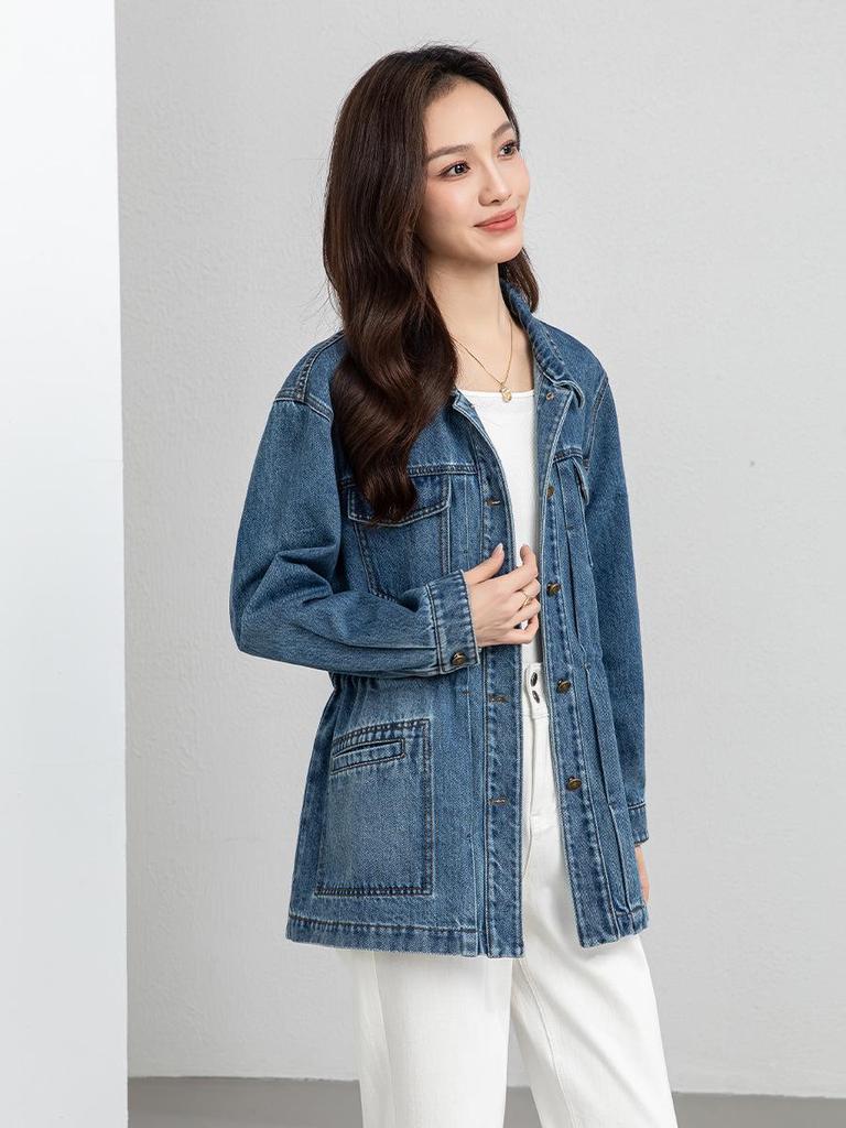 Women's Retro Denim Jacket - Spring 2026, Loose-Fit, Long Sleeve, Mid-Length, Casual Chic.