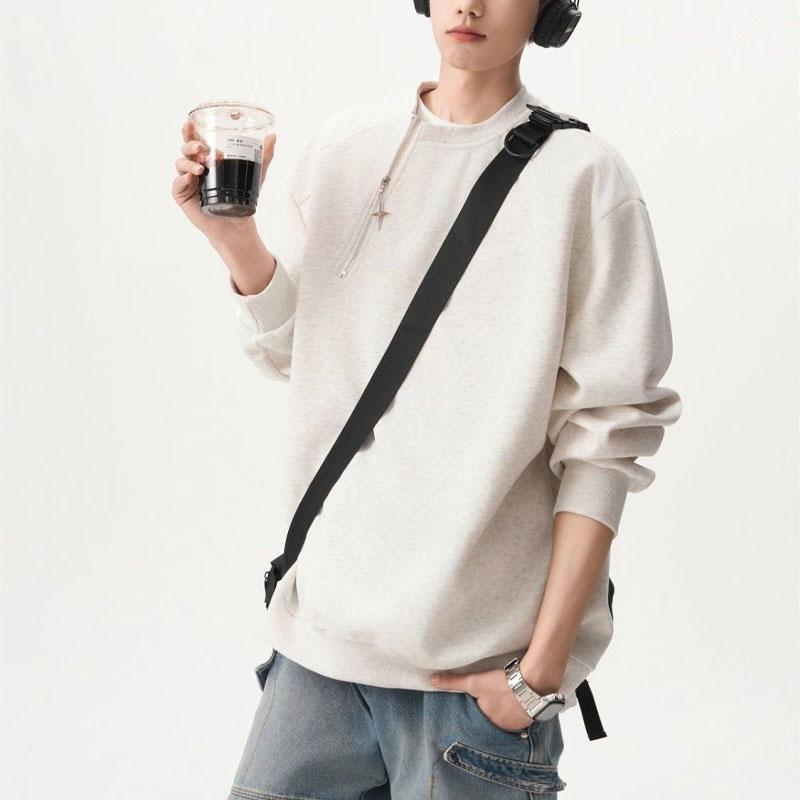 Young Style Fashionable Zipper Sweatshirts Autumn Round Neck Basic Men's Clothing Solid Color Loose Casual Long Sleeve Hoodies