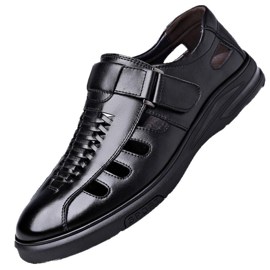 Men's Sandals Summer New Hollow Men's Shoes Beach Shoes Soft Leather Breathable Leather Shoes Velcro