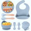 Silikon-Baby-Fütterset, 8 Teile, inklusive Saugnapf, Schüssel, Lätzchen, Löffel, Gabel und Trinklernbecher