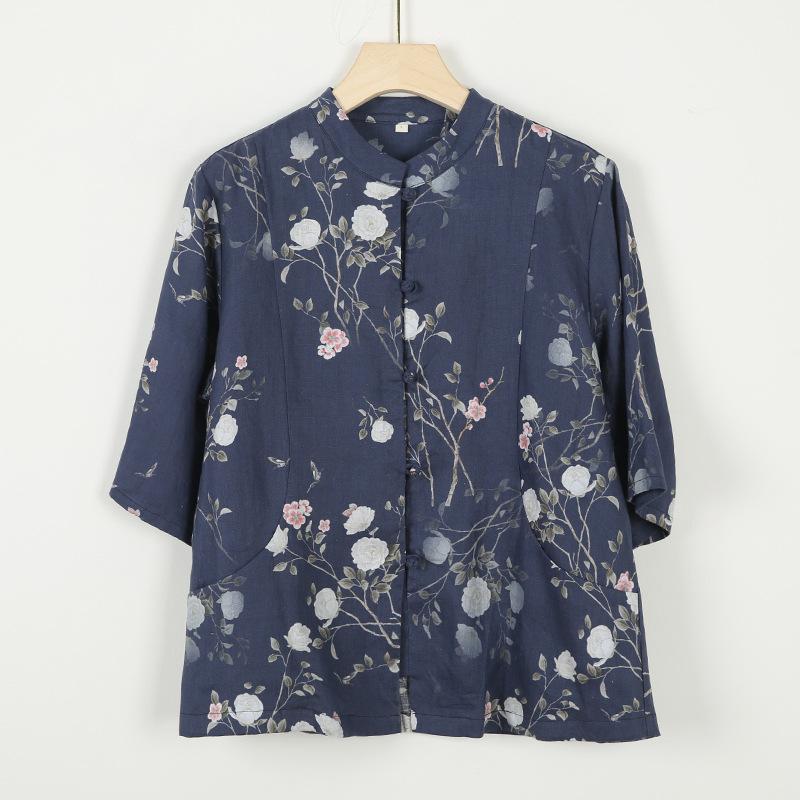 

Johnature Women Vintage Shirts Tops Print Floral Summer Blouses Stand Seven Sleeve Women Button Shirts M синий
