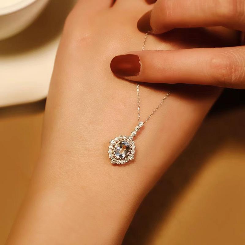 925 Sterling Silver Oval Aquamarine Necklace for Women with Lace Edge Design