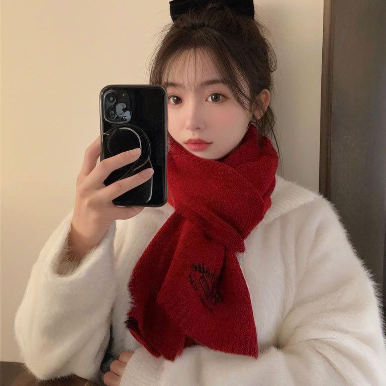 Korean Solid Embroidered Cashmere Scarf Women Students Warm Couples Knit Neck Warmer