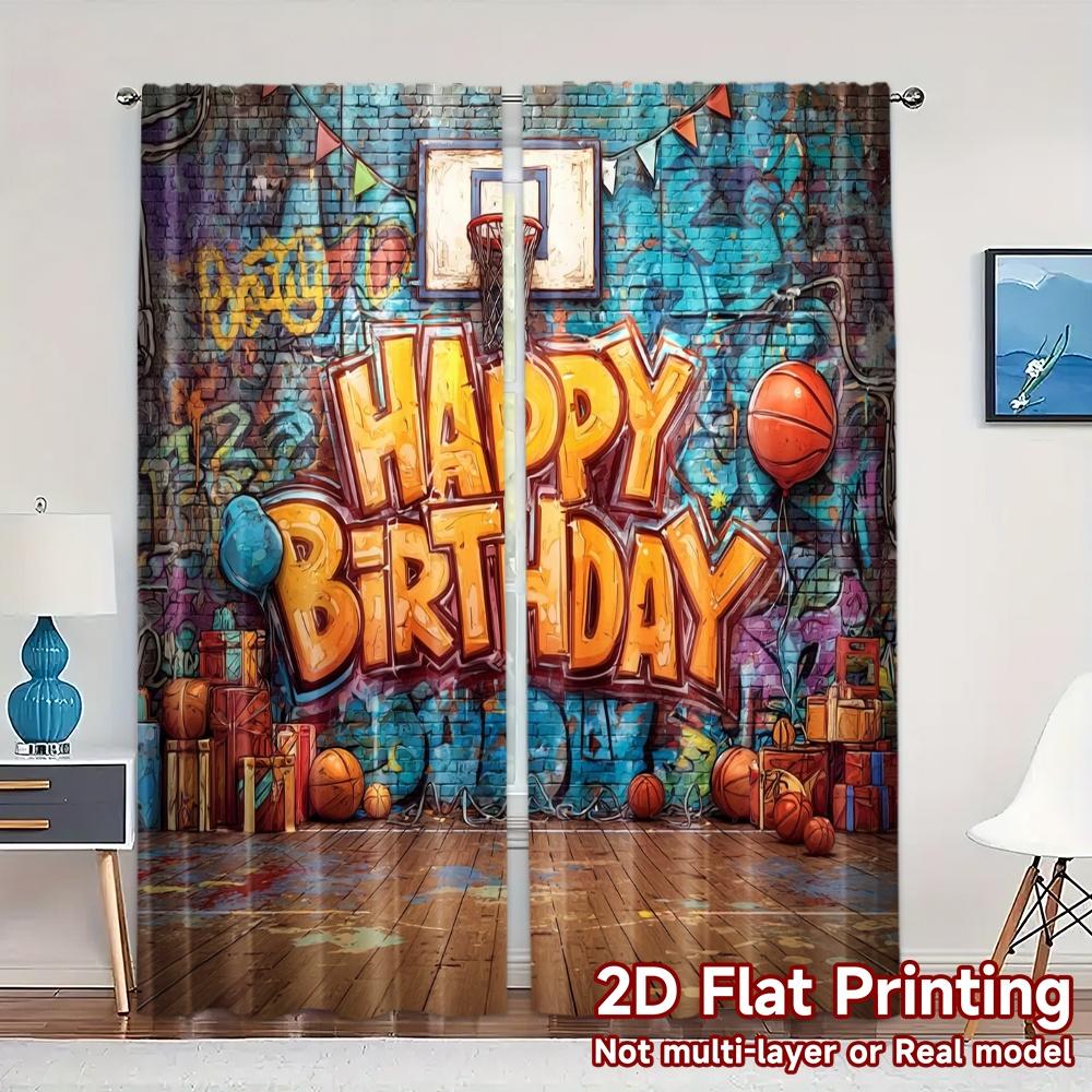 

Set Of 2 Flat Printing Curtains Without Rod Birthday Hoops Polyester Easy Install Gifts Modern Made W100*H70(CM)-Rod Pocket&1PCS