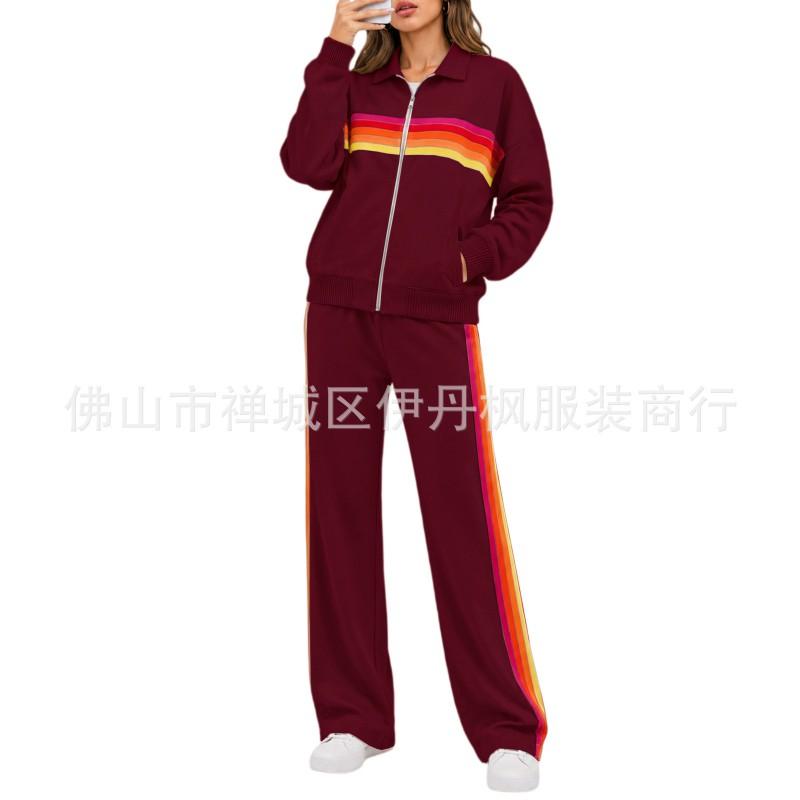 Womens Contrast Stripe Sporty Two-Piece Set With Stand Collar Zip-Up Top Wide-Leg Pants
