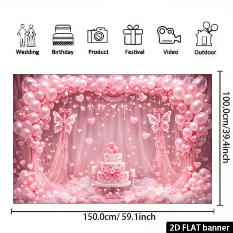 2D Pink Butterfly Happy Birthday Backdrop Heart Balloon Photography Background for Party