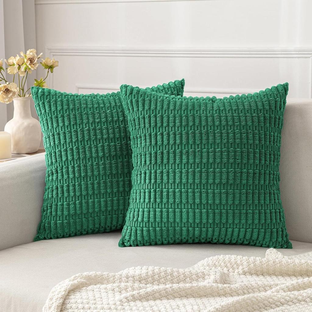 Dark Green Christmas Decorative Throw Pillow Covers 18x18 Inch Soft Corduroy Striped Pillow Case Square Cushion Covers for Sofa