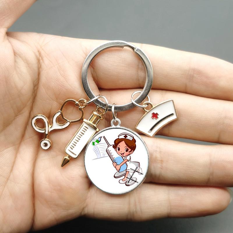 Paint Fashion Creative Nurse Medical Syringe Stethoscope Image Keychain Glass Suitable Nurses and Doctors Key Ring Pendant Gift