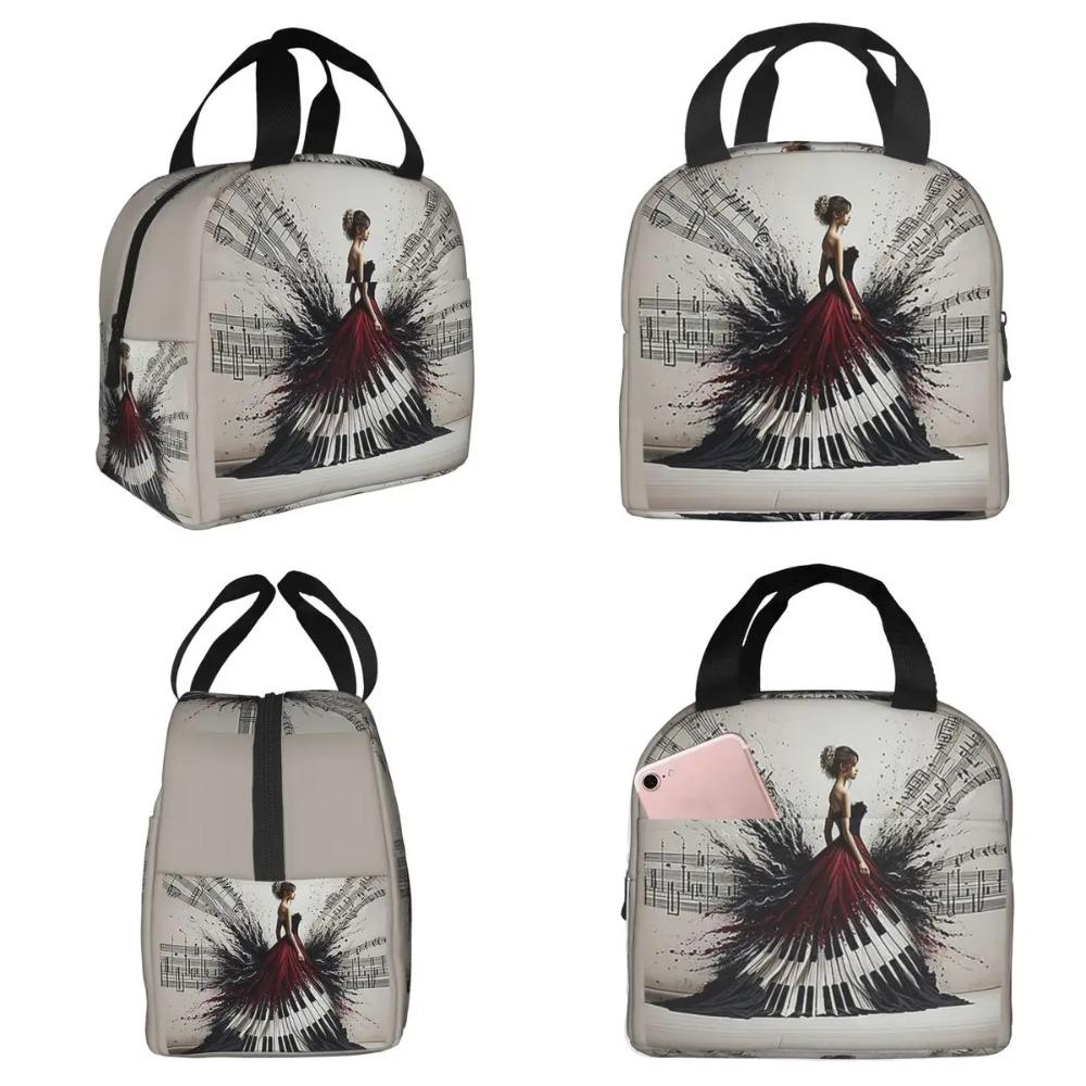 Beautiful Lady Piano Musical Notes, Wavy Dress Insulated Lunch Bag for Kids School Cooler Thermal Food Box Tote Portable