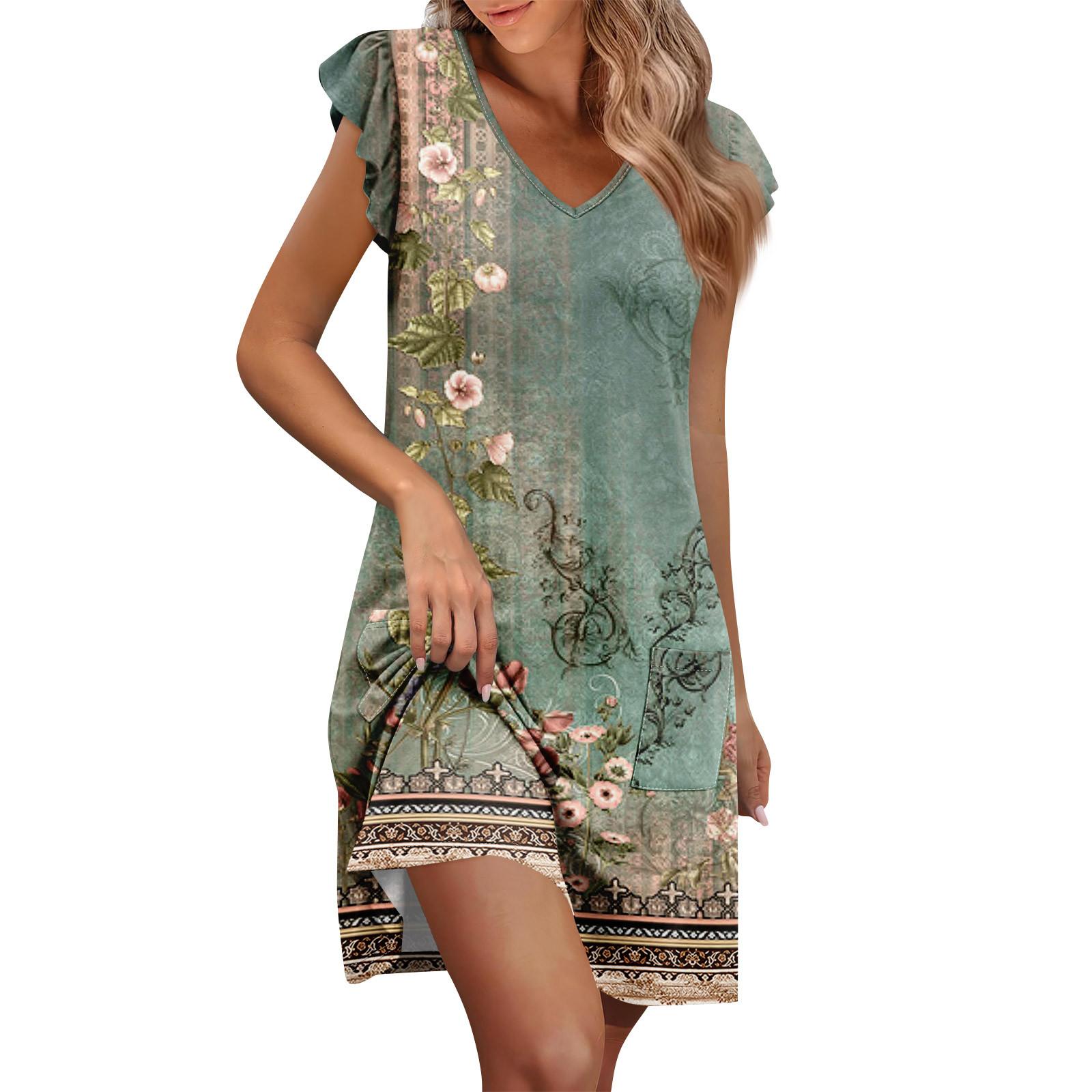 

Женское летнее платье с рукавами-рюшами, V-образным вырезом, короткие платья, модное, повседневное, свободное, А-силуэта, платье-солнце с карманом M зелёный