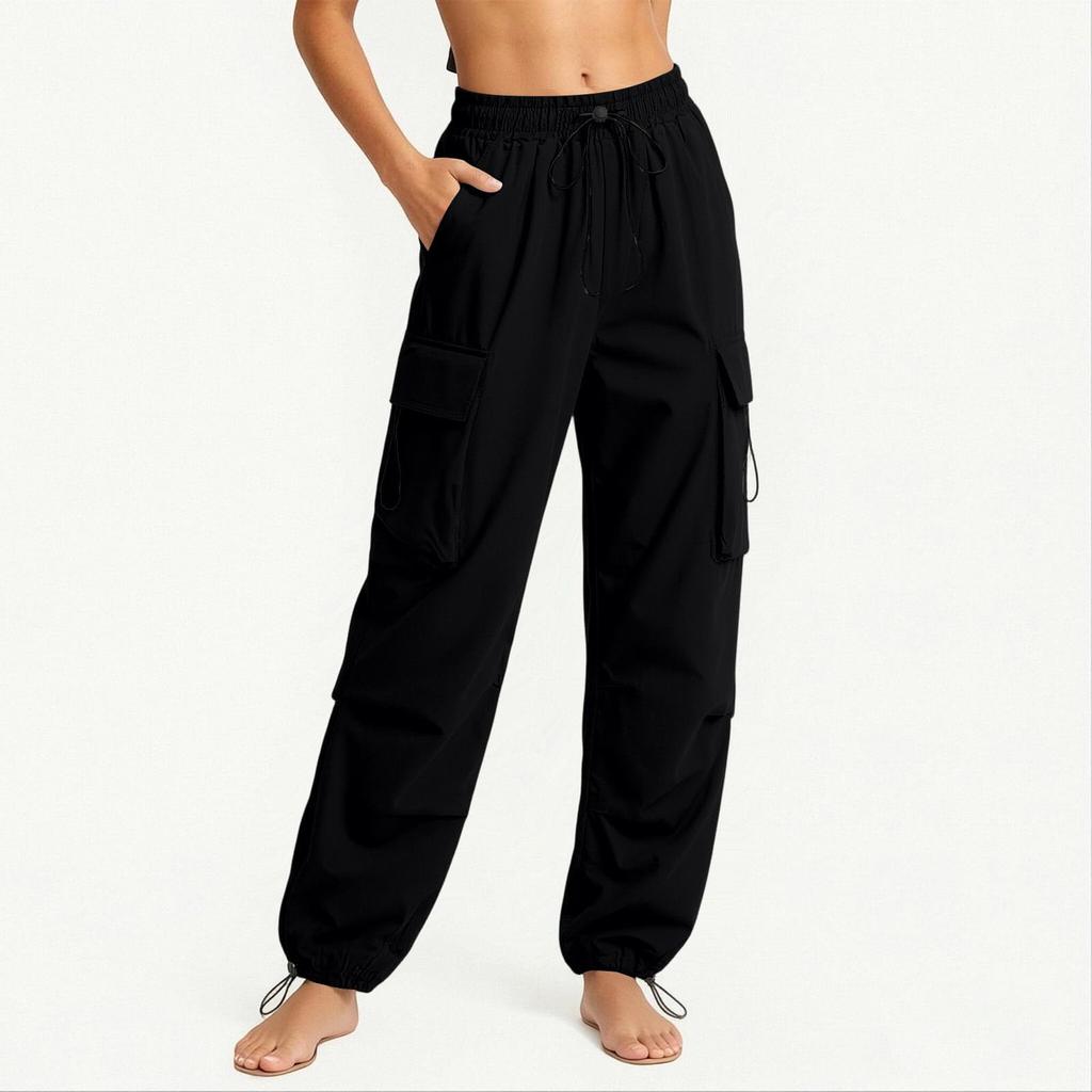 Women Casual Cargo Pants Elastic Waistband Drawstring Adjustable Ankle Pockets Loose Fit Workwear Trousers