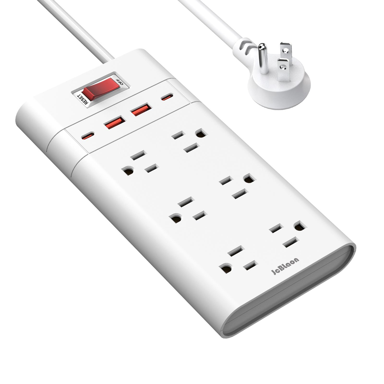 

Подовжувач живлення зі штепсельною вилкою США, 6 розеток змінного струму, 4 порти USB(2 USB C), Подовжувач 5 футів, мережевий фільтр для розетки US Plug білий