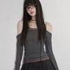 Long Sleeve New Style Lace Splicing Tight Sweet Spicy Pure Desire Big Neckline Vertical Pattern