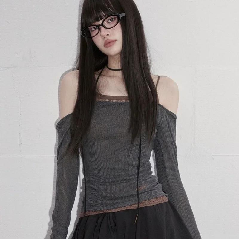 Long Sleeve New Style Lace Splicing Tight Sweet Spicy Pure Desire Big Neckline Vertical Pattern