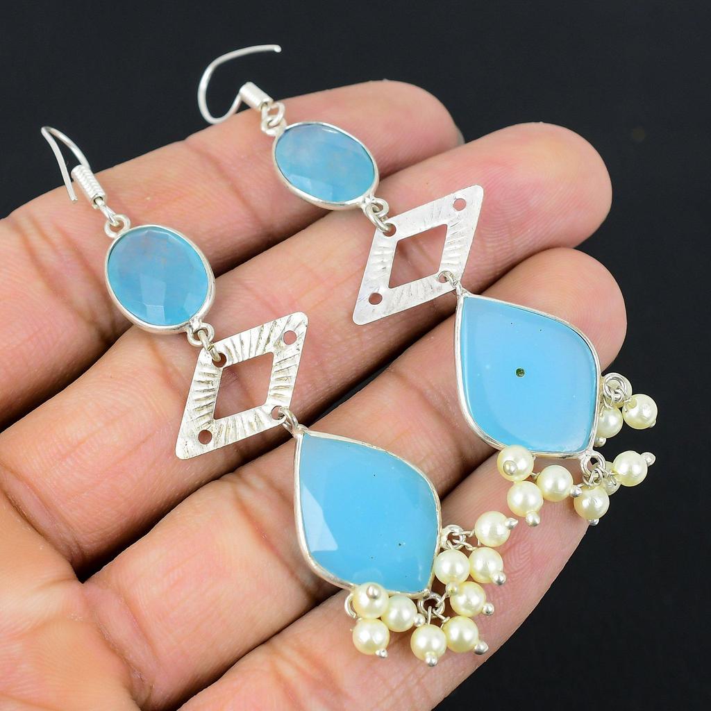 Aqua Chalcedony Gemstone Birthday Drop Engagement Boho Earrings Sterling Silver
