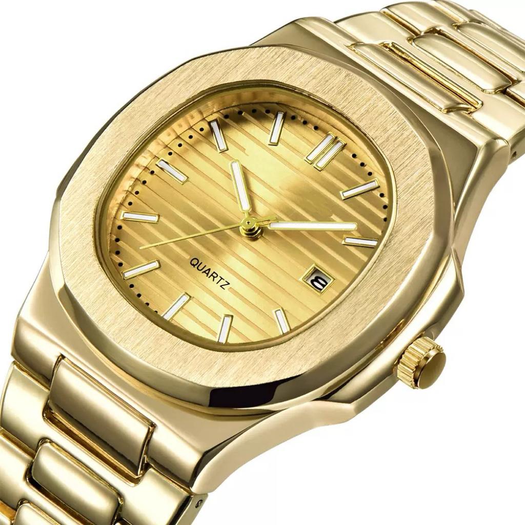 Goldene Herren Markenuhren Mode Freizeit Edelstahlarmband Business Datum Quarz Armbanduhr Relogios Masculinos