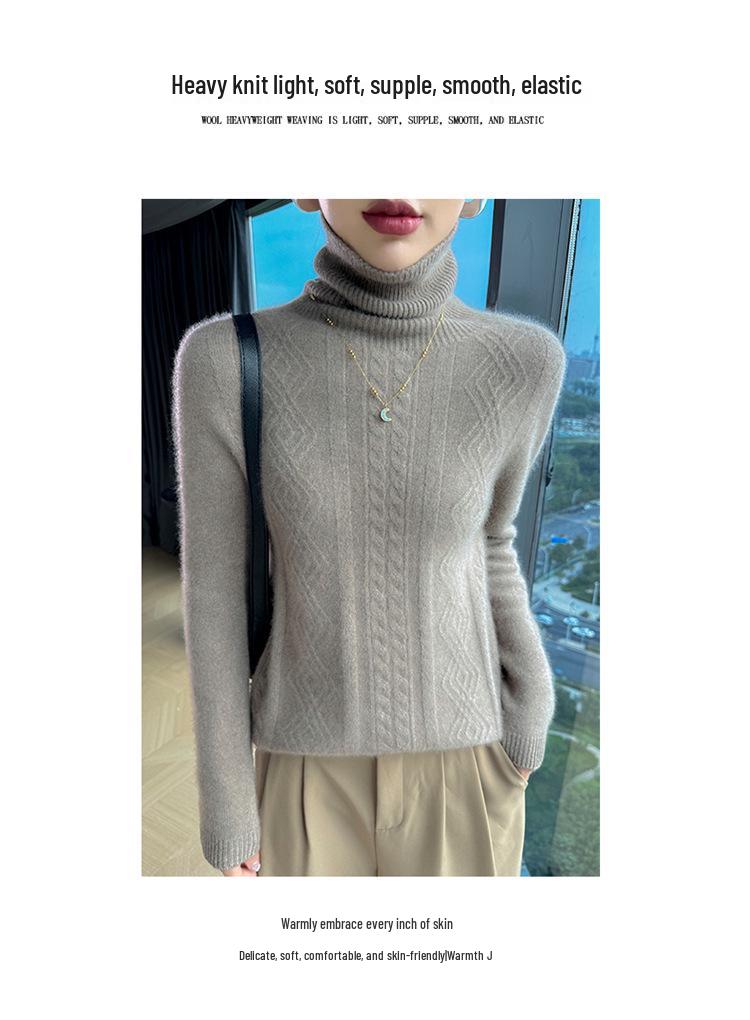 Women's High Neck Cable Knit Wool Sweater - Slimming Long Sleeve Cashmere Top