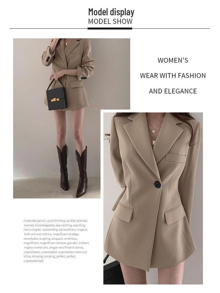 Women's Khaki Slim-Waist Suit Jacket - Korean & Hong Kong Style, Retro, Medium-Long for Spring & Autumn