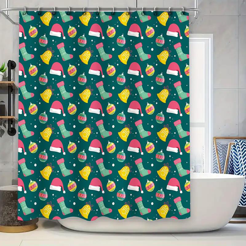 Colorful Christmas Pattern Shower Curtain Waterproof Bathroom Decor Hanging Decoration 90x180cm