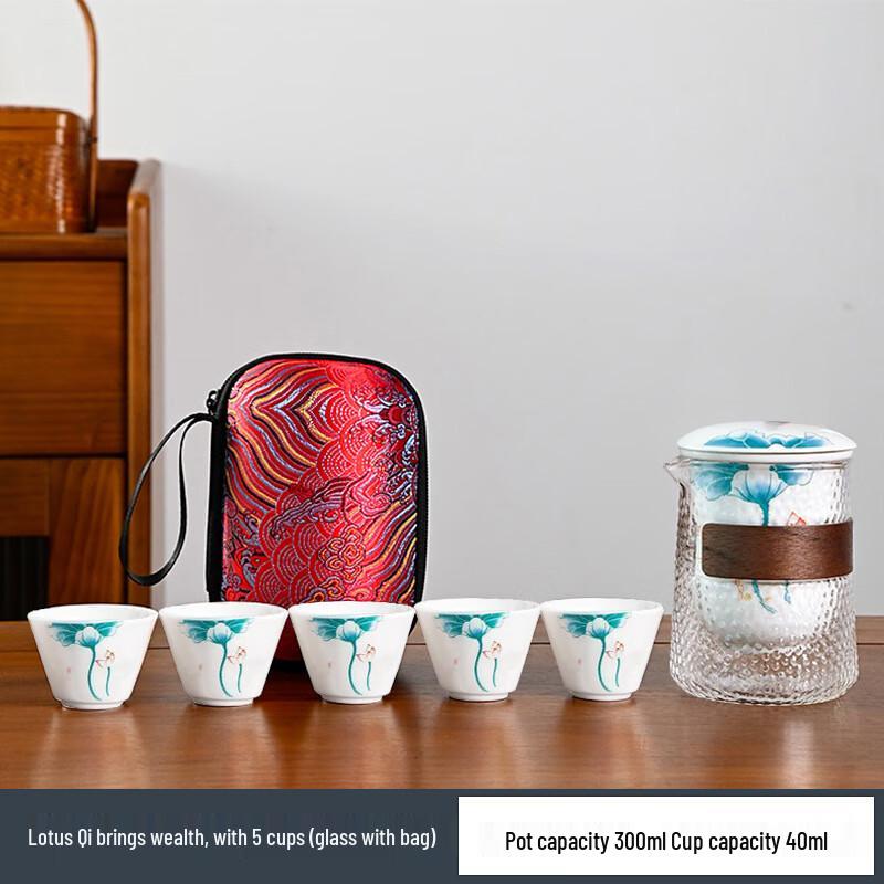 

Haofeng Mutton Fat Jade Ceramic Portable Travel Tea Set One Pot Five Cups + Storage Bag