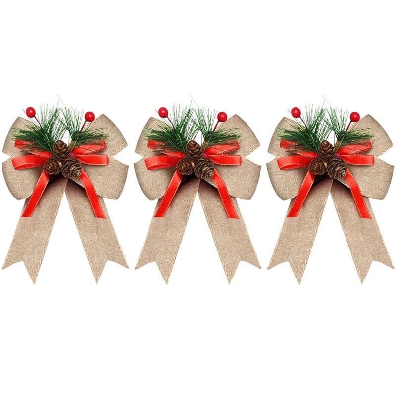 3 Pcs Christmas Bows with Pine Cones Needles Xmas Velvet Bow Red Ribbon Christmas Tree Wreath Decoration Indoor Crafts DIY Decor