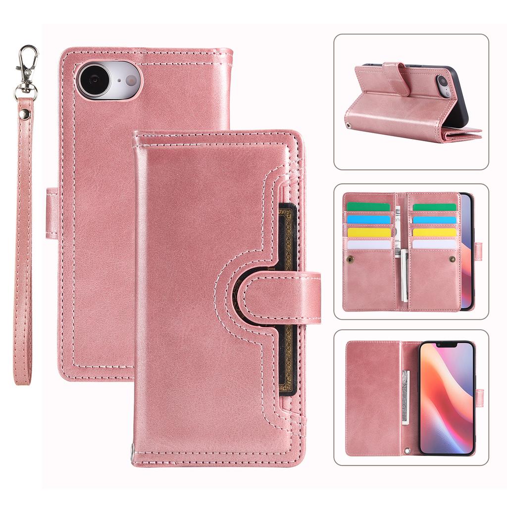For iPhone 16e Case Split Leather Magnetic Wallet Phone Protector with Wrist Strap