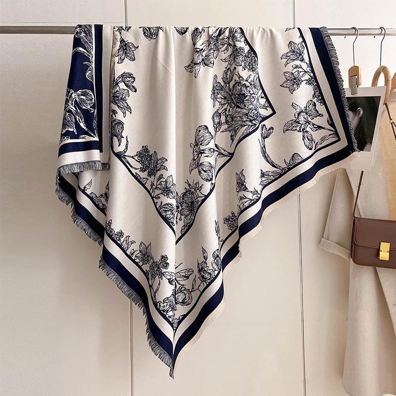 Korean Version Of Iris Printing Large Square Towel Thickened Double-Sided Imitation Cashmere Decoration Cape To Keep Warm And Keep Out The Cold
