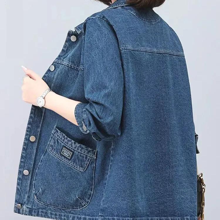 Dámská ležérní džínová bunda na jaro/podzim, nadměrná velikost, střední délka, dojížděcí bunda pro matky, elegantní styl s krátkým rukávem