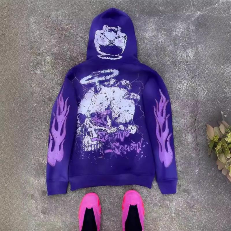 Y2K Retro Harajuku Streetwear Hoodie - Dark Hip Hop Graphic Print Zip Up Loose Fit