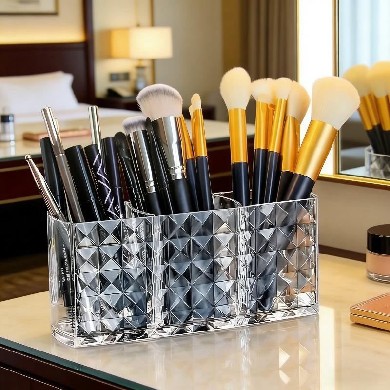 Cosmetics Storage Box Three Grid Pen Holder Transparent Acrylic Organizer for Eyebrow Pencil Makeup Brush Desktop Vanity Storage