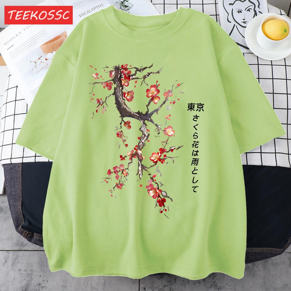 Cherry Blossoms And Rain In Tokyo Men Retro TShirt Casual Cotton Tee Loose Hip Hop Clothes Male ONeck Comfortable Short Sleeve