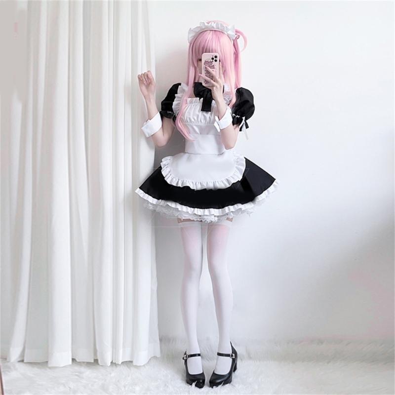 Anime Maid Costume Set Anime Maid Apron Maid Dress, Maid Headpieces, and Maid Bowtie Halloween Cosplay Costume