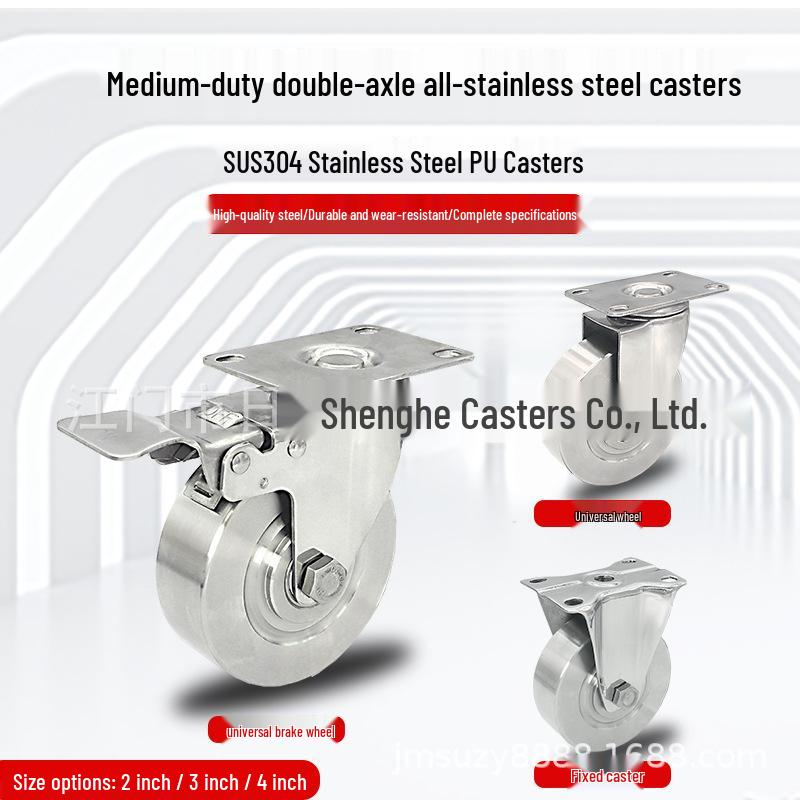 

304 Stainless Steel Swivel Wheel with Brake, Threaded Rod, High Load Capacity, Corrosion-Resistant for Industrial Use 2-inch fixed wheel