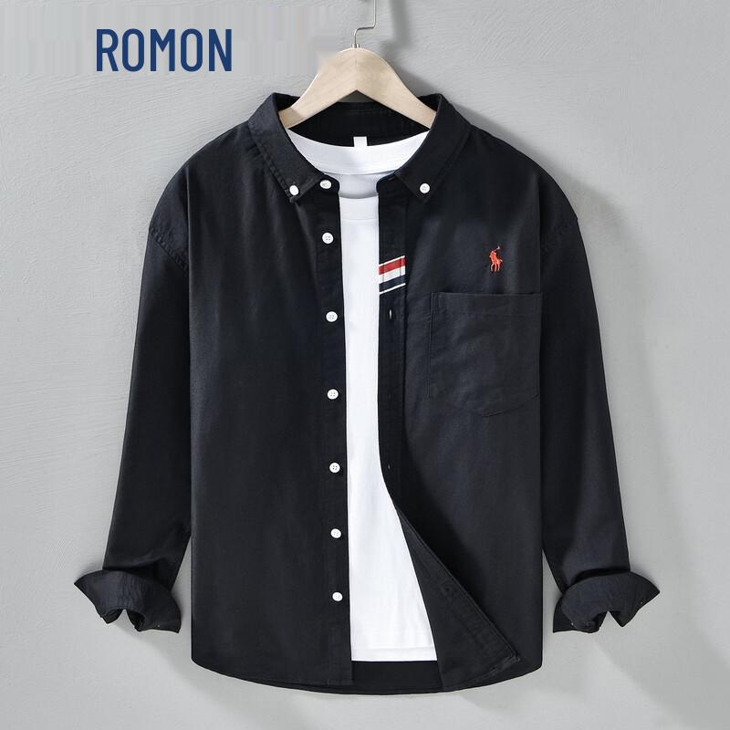 

ROMON Men s Japanese Style Embroidered Oxford Long Sleeve Shirt XL