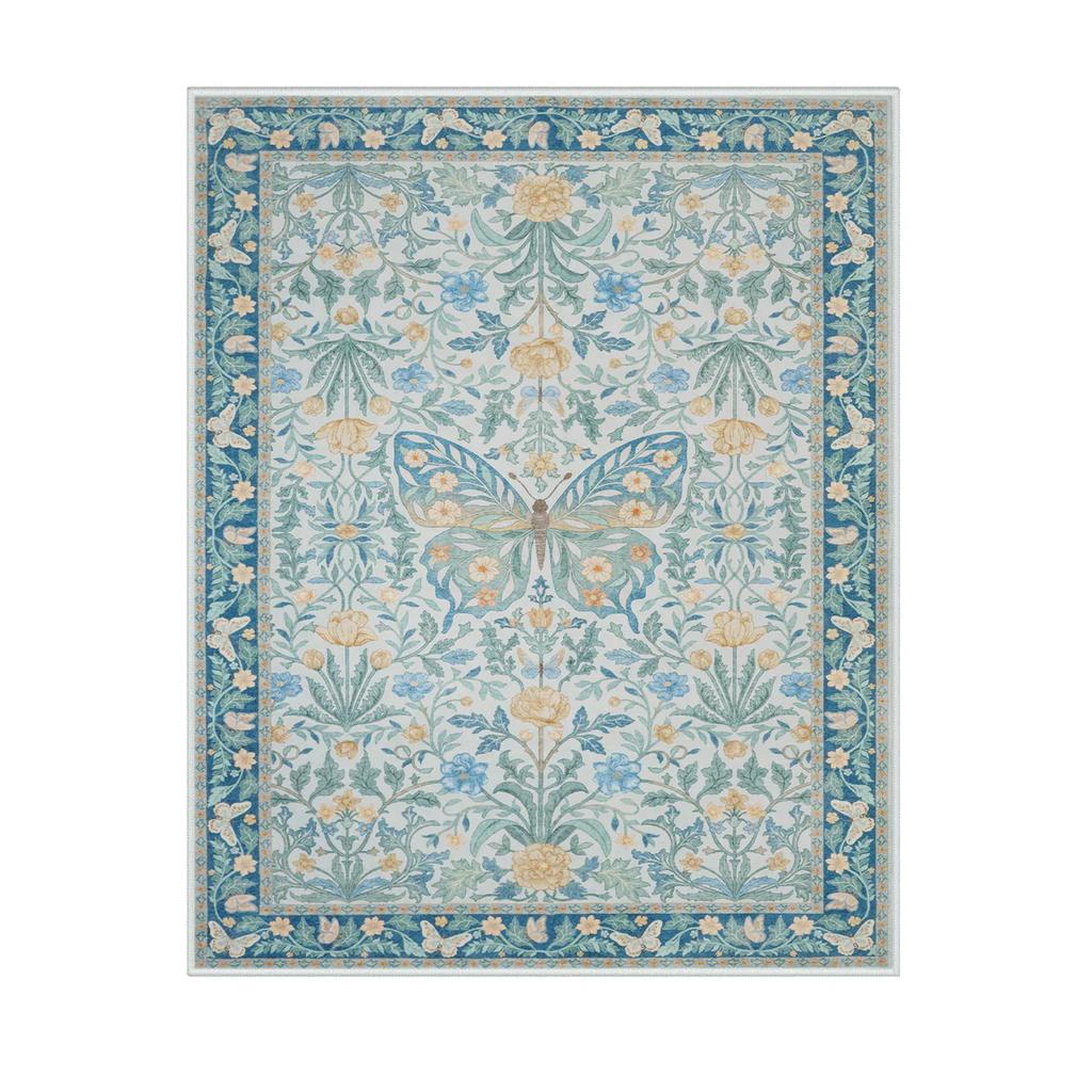Tappeto Rosa Floreale con Farfalle Vintage Estetica Floreale Gotico Riccamente Decorato Arredamento Casa Tappeto Soggiorno Antiscivolo Lavabile Tappetino Boho per Pavimento